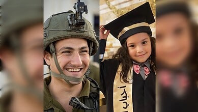 A soldier in uniform smiling next to a girl in graduation cap and gown.