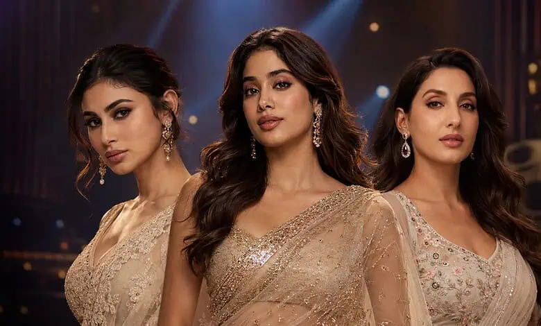 Elegant women in glamorous sarees at a formal event, showcasing traditional attire and jewelry, with a so.