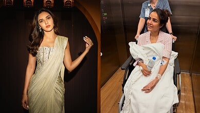 Jasmin Bhasin in a hospital bed after health scare, smiling with medical staff nearby.
