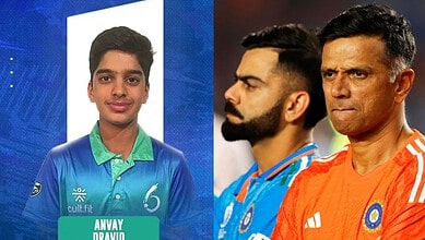 Young cricket player Anvay Dravid in team jersey, smiling for the camera.