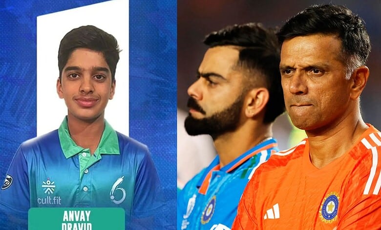 Young cricket player Anvay Dravid in team jersey, smiling for the camera.
