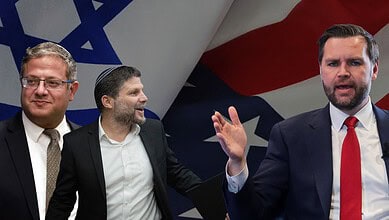 US Vice President JD Vance with Israeli ministers Bezalel Smotrich and Itamar Ben-Gvir against US and Israeli flags.