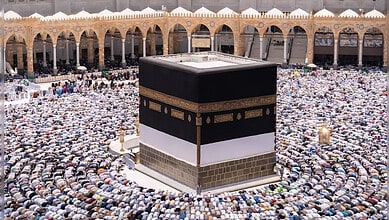 Pilgrims gather around the Kaaba for prayer during Hajj in Mecca, Saudi Arabia.