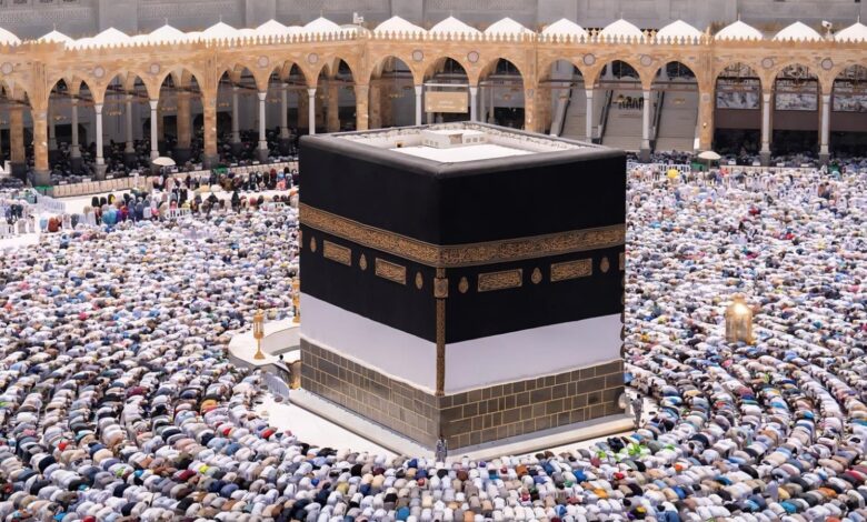 Pilgrims gather around the Kaaba for prayer during Hajj in Mecca, Saudi Arabia.