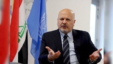 ICC Prosecutor Karim Khan speaks during an interview.