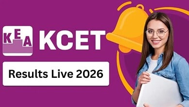 Young woman holding a paper, smiling, with KCET Results Live 2026 banner in the background.