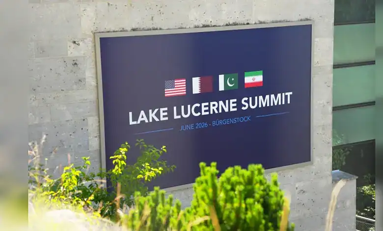 Sign for Lake Lucerne Summit June 2024 with flags of US, France, Pakistan, UAE.