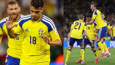 Swedish football players in yellow jerseys celebrating on the field after scoring a goal.