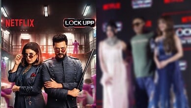Three contestants from Lock Upp 2 posing in front of a promotional backdrop.