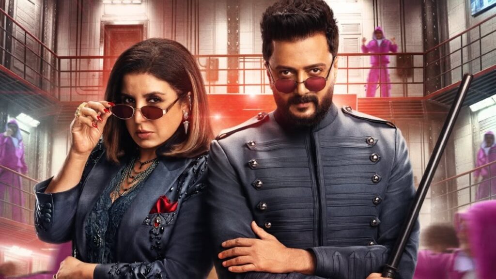 A woman and man dressed in stylish, dark clothing with sunglasses, standing confidently in an elegant, vi.