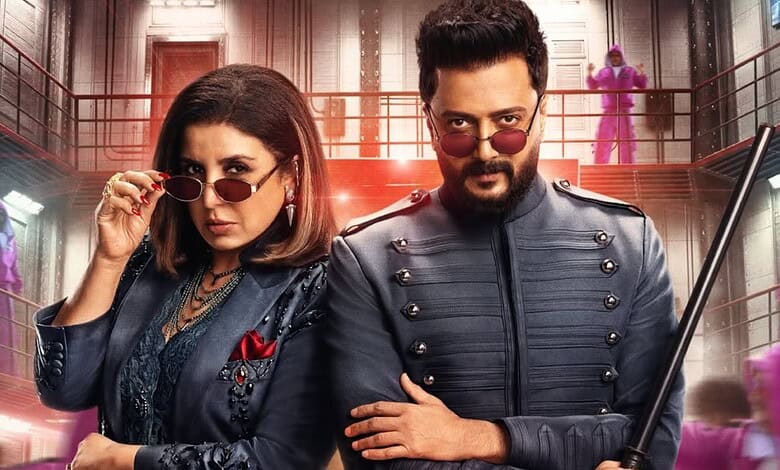 A woman and man dressed in stylish, dark clothing with sunglasses, standing confidently in an elegant, vi.