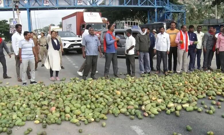 Karnataka mango growers protest over price crash blocking road with mangoes.