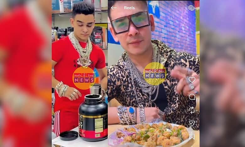 Young man wearing stylish clothes and jewelry, showcasing food and products in a retail store setting.
