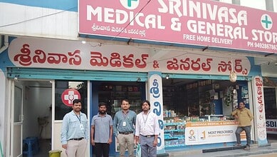 Srinivasa Medical & General Store in Telangana with staff outside the shop.