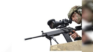 Indian soldier with a sniper rifle equipped with Israeli optics system for enhanced targeting.
