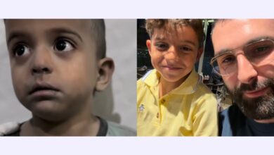 Side-by-side image of Palestinian child Mohammad during the Gaza war in 2023 and nearly three years later smiling alongside journalist Motaz Azaiza.