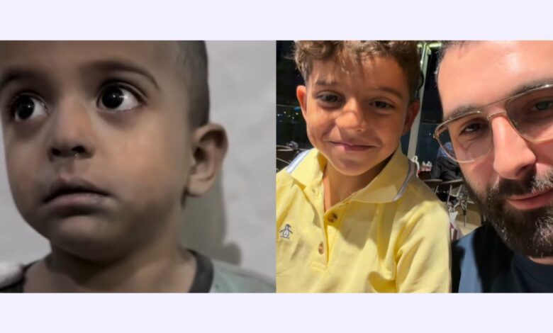 Side-by-side image of Palestinian child Mohammad during the Gaza war in 2023 and nearly three years later smiling alongside journalist Motaz Azaiza.
