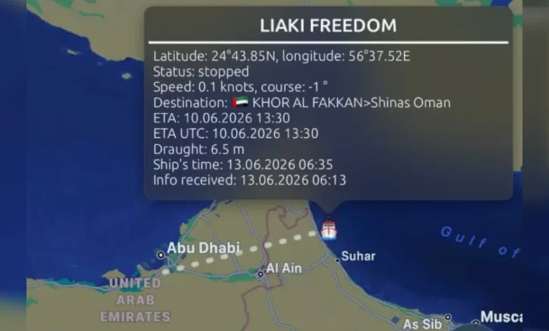 Flight details for Liaki Freedom showing departure from Abu Dhabi to Muscat, ETA 10 June 2026 at 13:30.