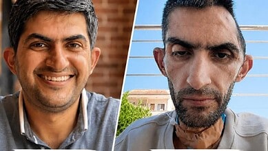 Two men, one smiling and one serious, in casual settings with outdoor backgrounds.