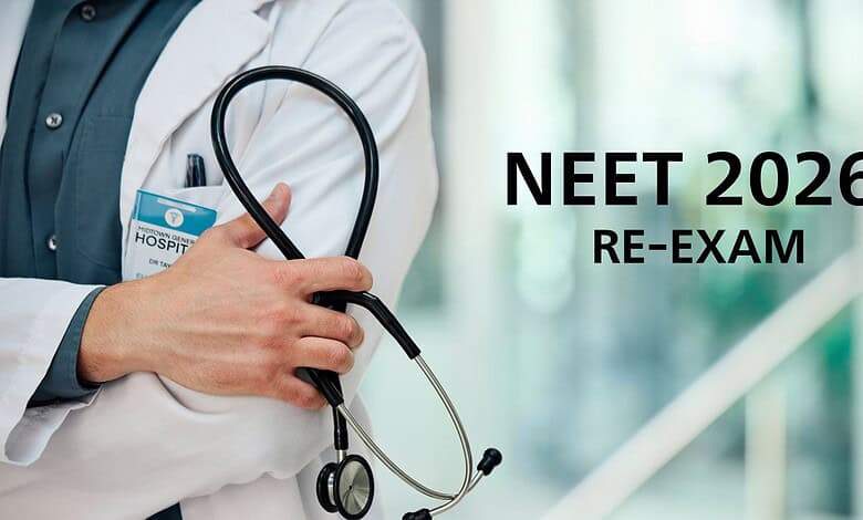 Medical professional holding stethoscope with NEET 2026 Re-Exam text.