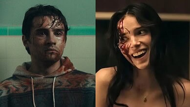 Split image of a distressed man and a smiling woman with blood on her face.