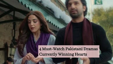 Pakistani actors in a scene from a drama, with a woman in purple and a man in black.