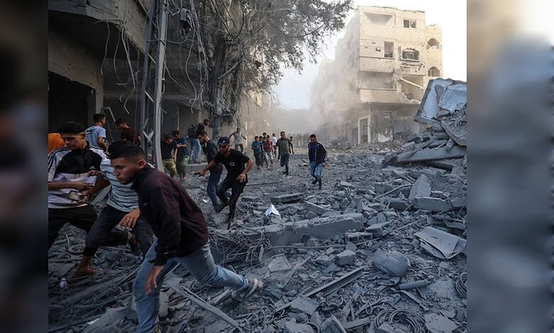 People amidst rubble and destruction in an urban area after a disaster.