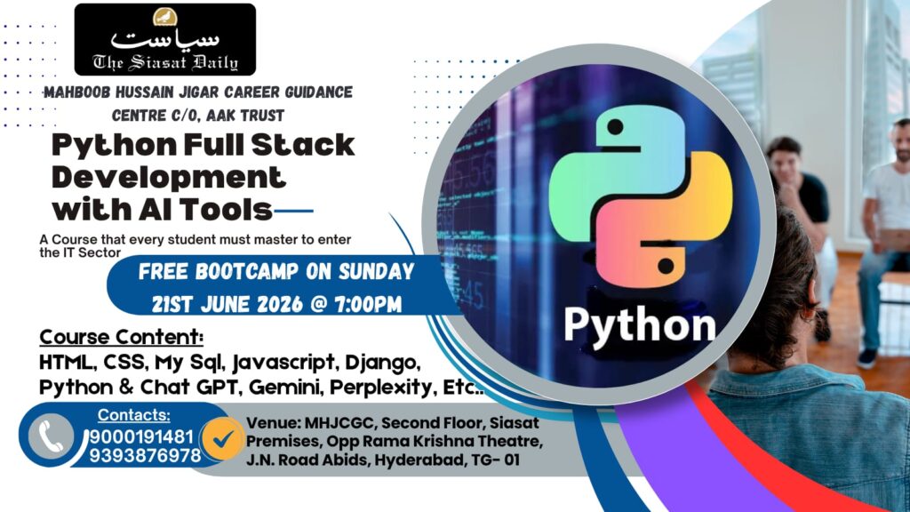 Python course poster with AI tools, date, time, and contact details in Hyderabad.