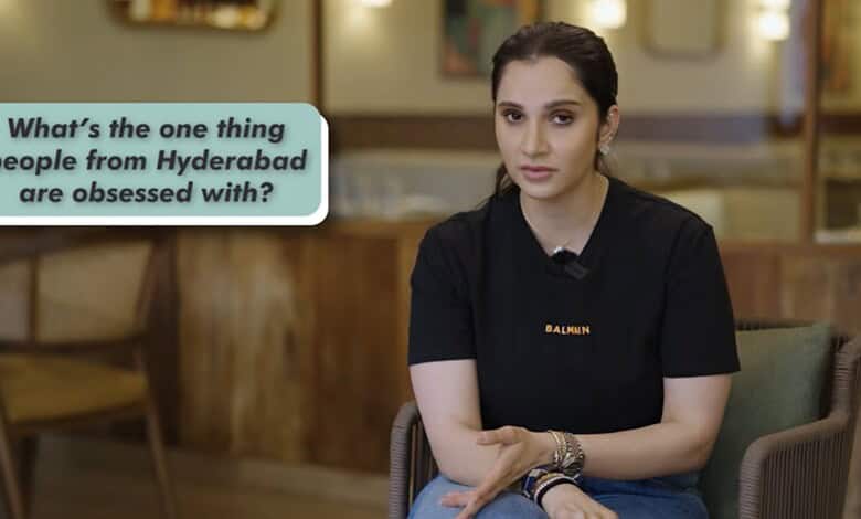 Sania Mirza in a black t-shirt sitting in a cafe with a speech bubble about Hyderabadis' obsession.