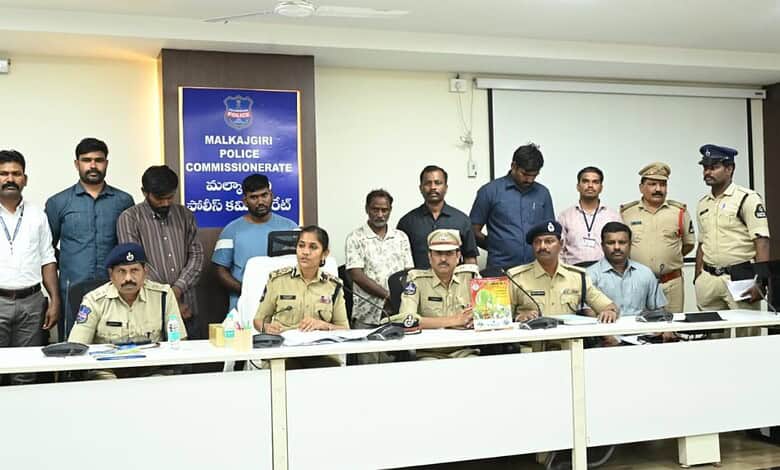 Malkajgiri Police officials and media at a press conference in Hyderabad, discussing law enforcement upda.
