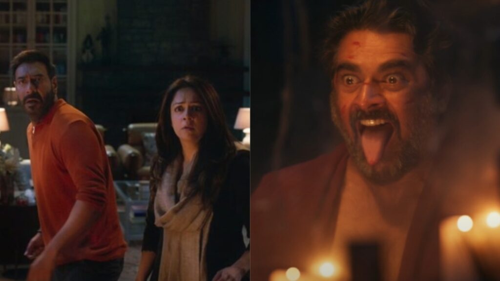 A man and woman look surprised in a dimly lit room with candles, while another man appears shocked or fri.