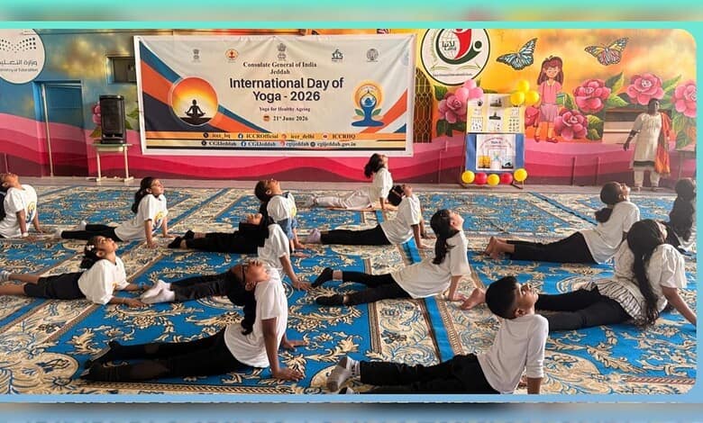 Students performing yoga during International Day of Yoga 2026 celebration at Indian school in Abha.