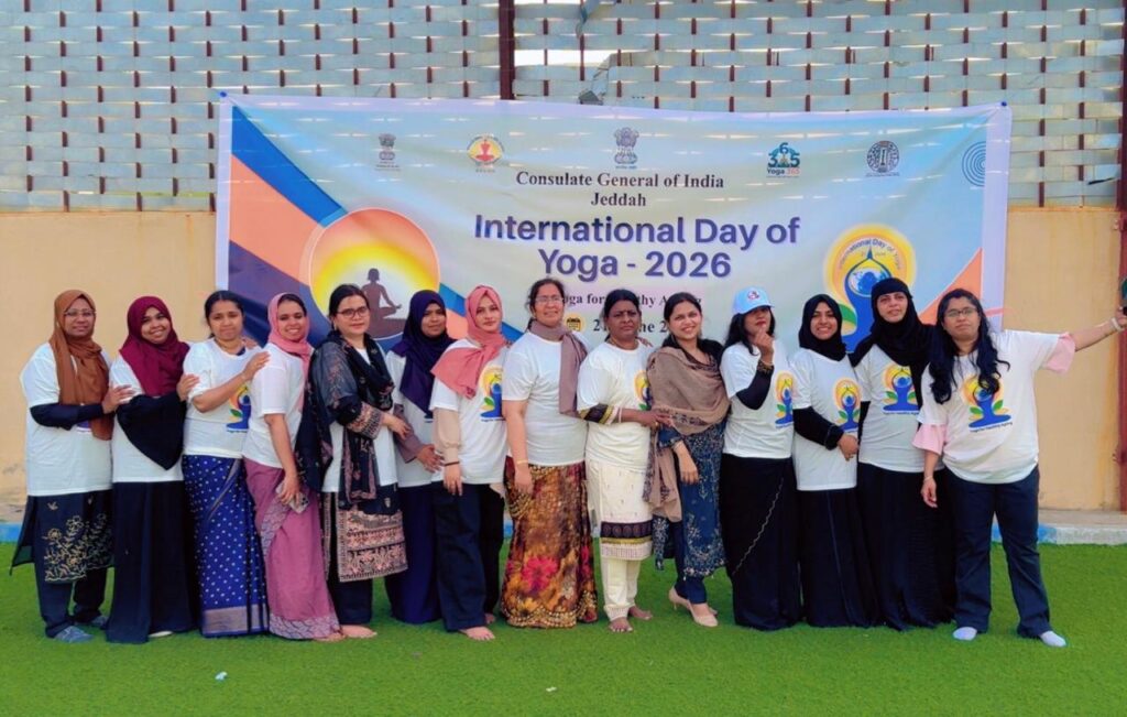 Teachers pose during International Day of Yoga 2026 celebrations at an Indian school in Abha.