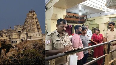 Ancient Indian temple on a hilltop and police officers engaging with visitors at an indoor event.