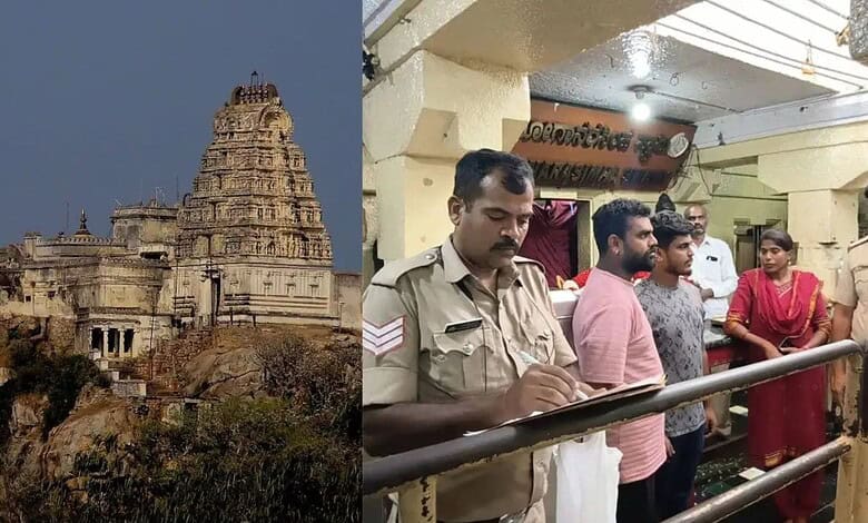 Ancient Indian temple on a hilltop and police officers engaging with visitors at an indoor event.