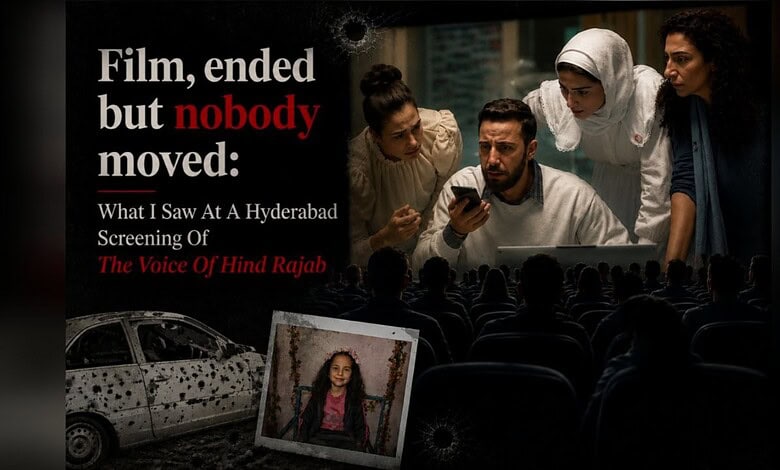 Audience watching The Voice Of Hind Rajab screening in Hyderabad with a poster and a photo of a girl.