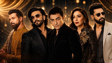 A diverse group of five stylish individuals posing confidently against a sparkling golden background.