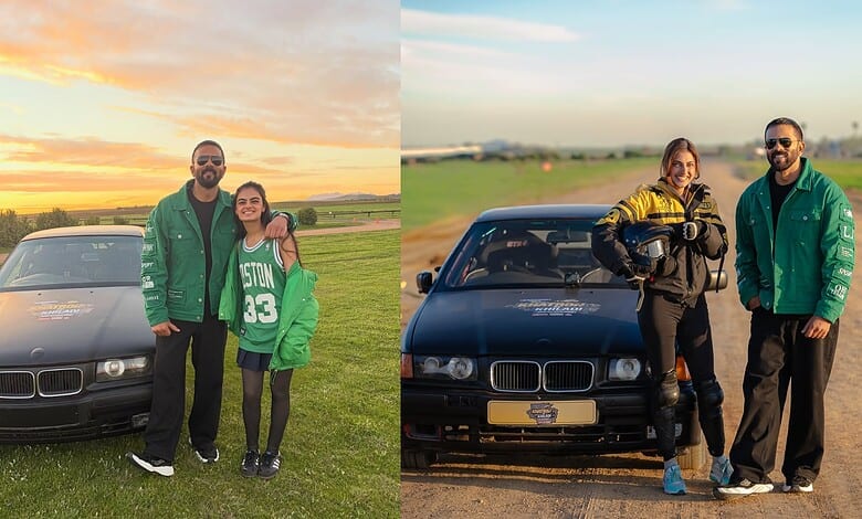 Two men and two women posing with a black BMW car outdoors at sunset and daytime.