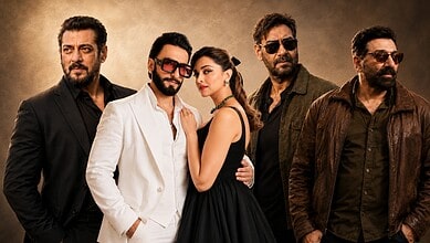 A woman in a black dress with four men in stylish outfits, posing together against a neutral background.
