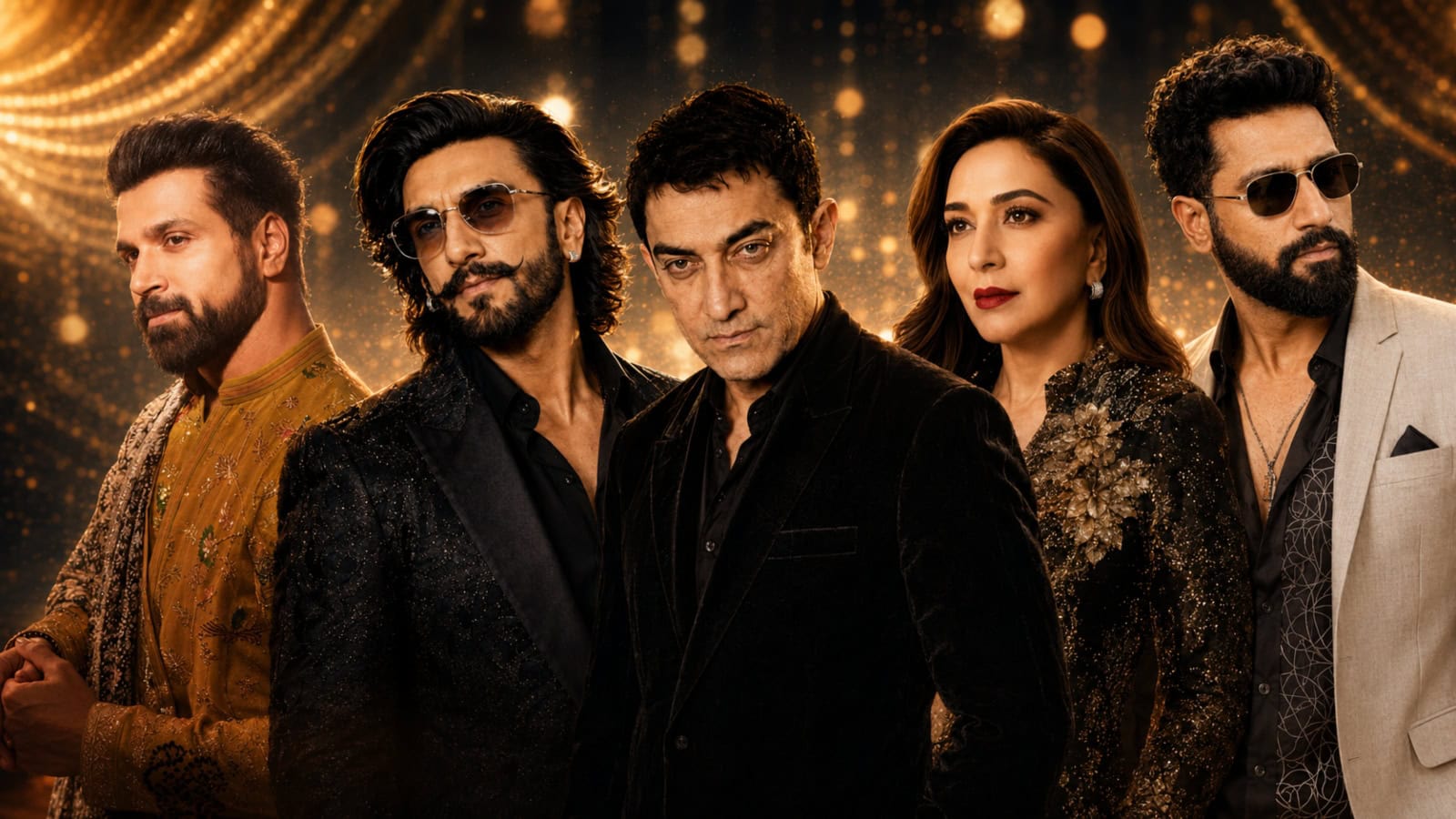 A diverse group of five stylish individuals posing confidently against a sparkling golden background.