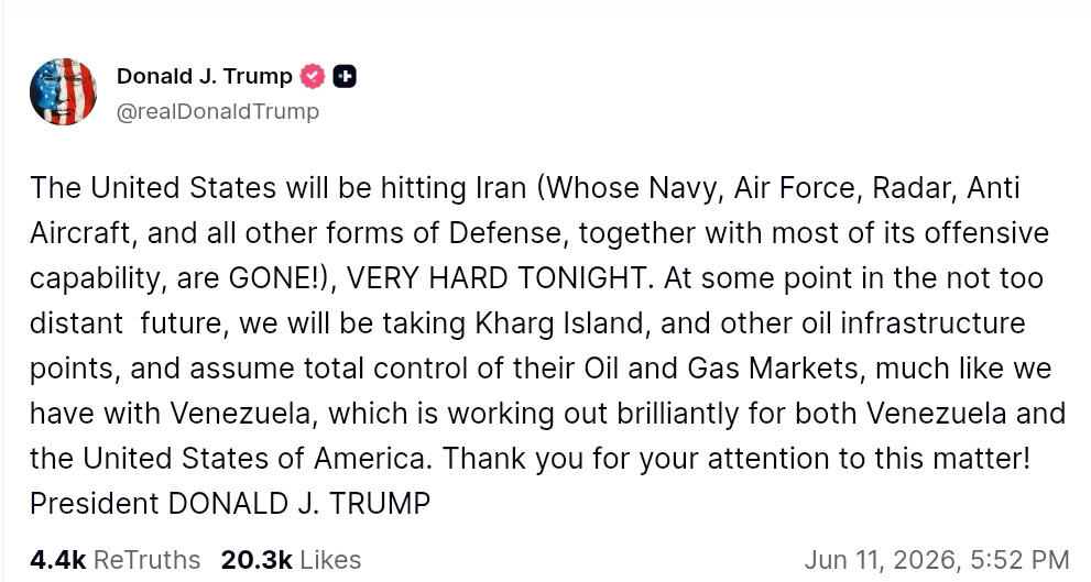 Screenshot of a social media post by US President Donald Trump warning of military action against Iran.