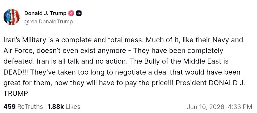 Screenshot of Donald Trump's Truth Social post claiming Iran's military has been defeated and warning it will "pay the price".