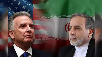 US envoy Steve Witkoff and Iranian Foreign Minister Abbas Araghchi pictured against the US and Iranian flags.