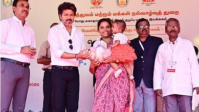 Tamil Nadu CM Vijay launching pulse polio drive with children and officials at event.