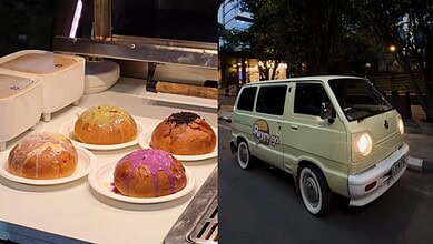 Viral Bun Go cart at Khajaguda lake in Hyderabad, with colourful buns and a small delivery vehicle.