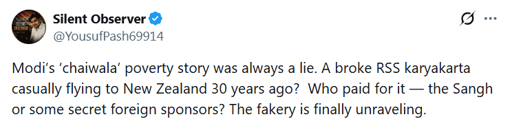 Screenshot of a tweet criticizing Modi's poverty story and questioning its authenticity.