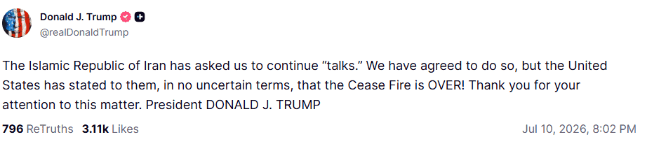 US President Donald Trump announces ceasefire over Iran with a statement on social media.