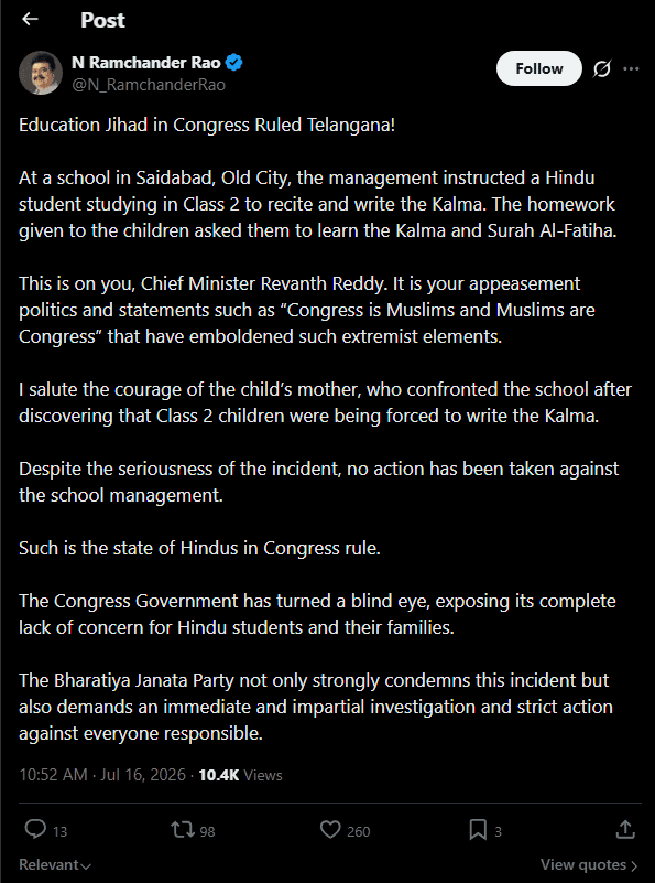 Education Jihad in Congress: Telangana school controversy and political reactions.