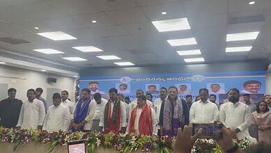 MLAs participate in Vande Mataram at the Secretariat housing event in Hyderabad.