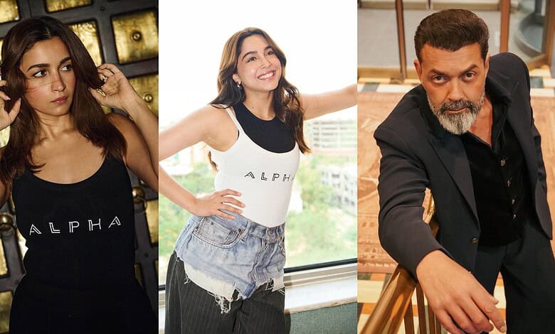 Three Indian celebrities, two women and one man, in casual and formal attire.